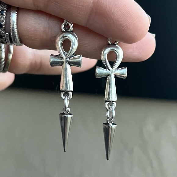 Ankh set with dangly silver spikes stainless steel chain adjustable goth boho - Picture 2 of 13